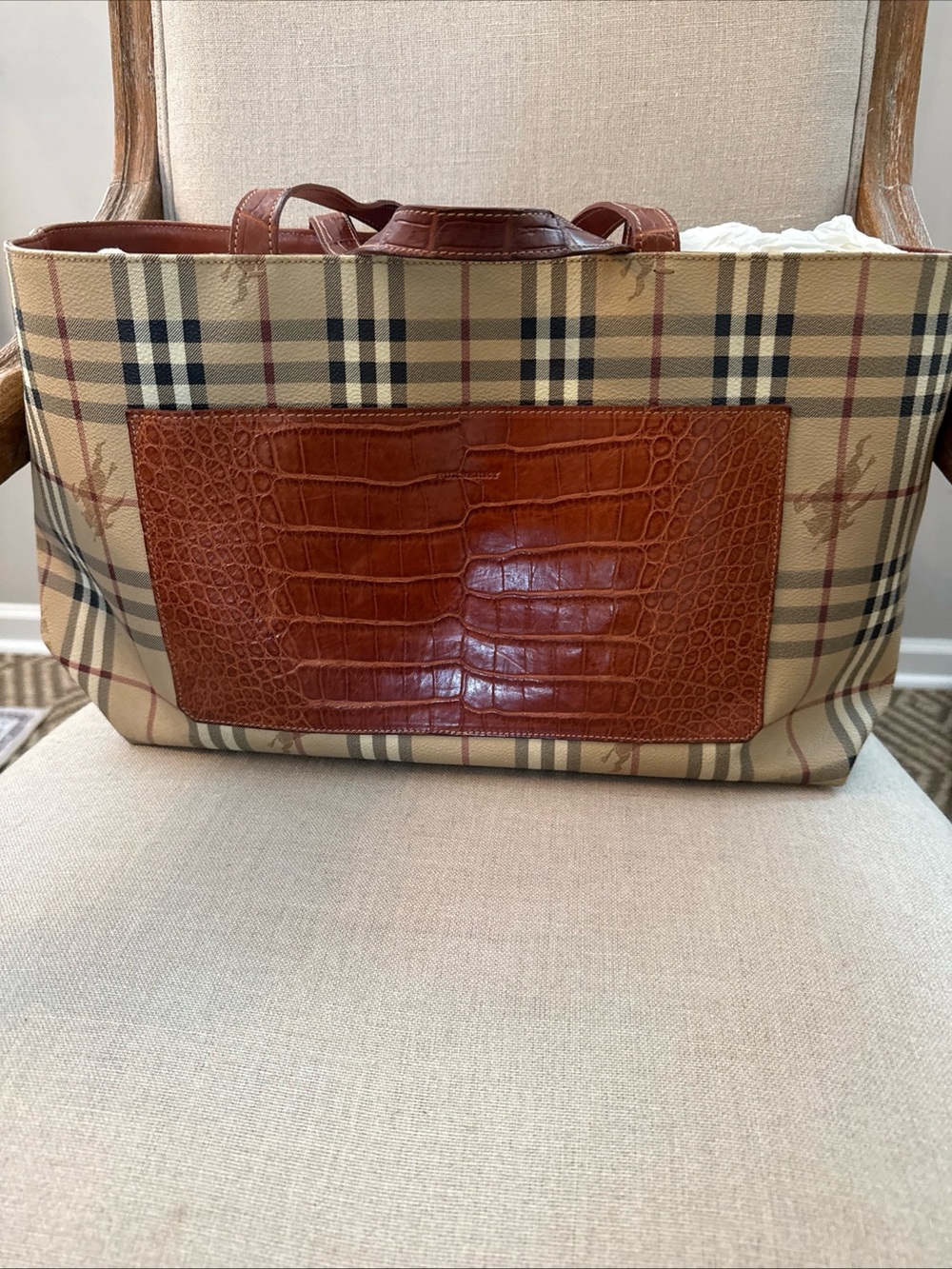 Burberry Haymarket Check Large Tote with Croc Embossed Leather & Dust Bag